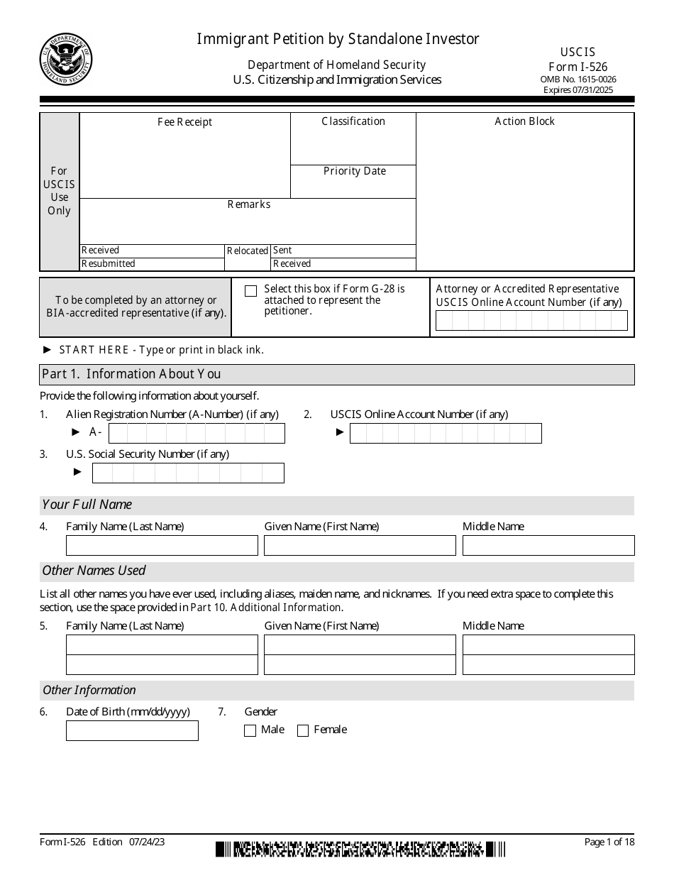 USCIS Form I-526 Immigrant Petition by Standalone Investor, Page 1