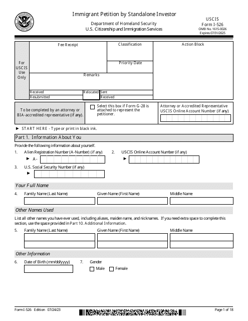 USCIS Form I-526  Printable Pdf