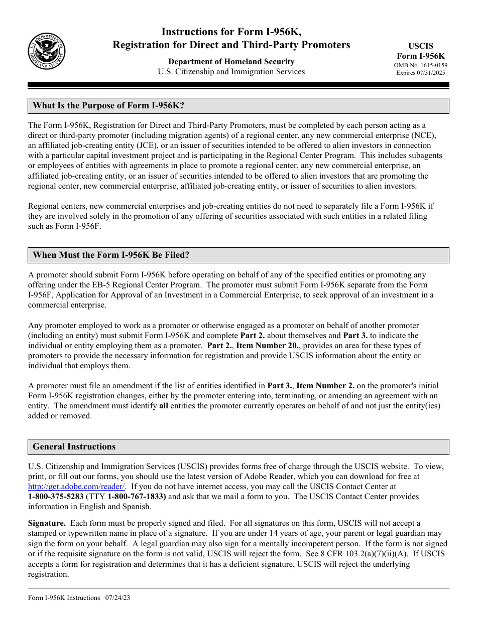 Instructions for USCIS Form I-956K Registration for Direct and Third-Party Promoters, Page 1