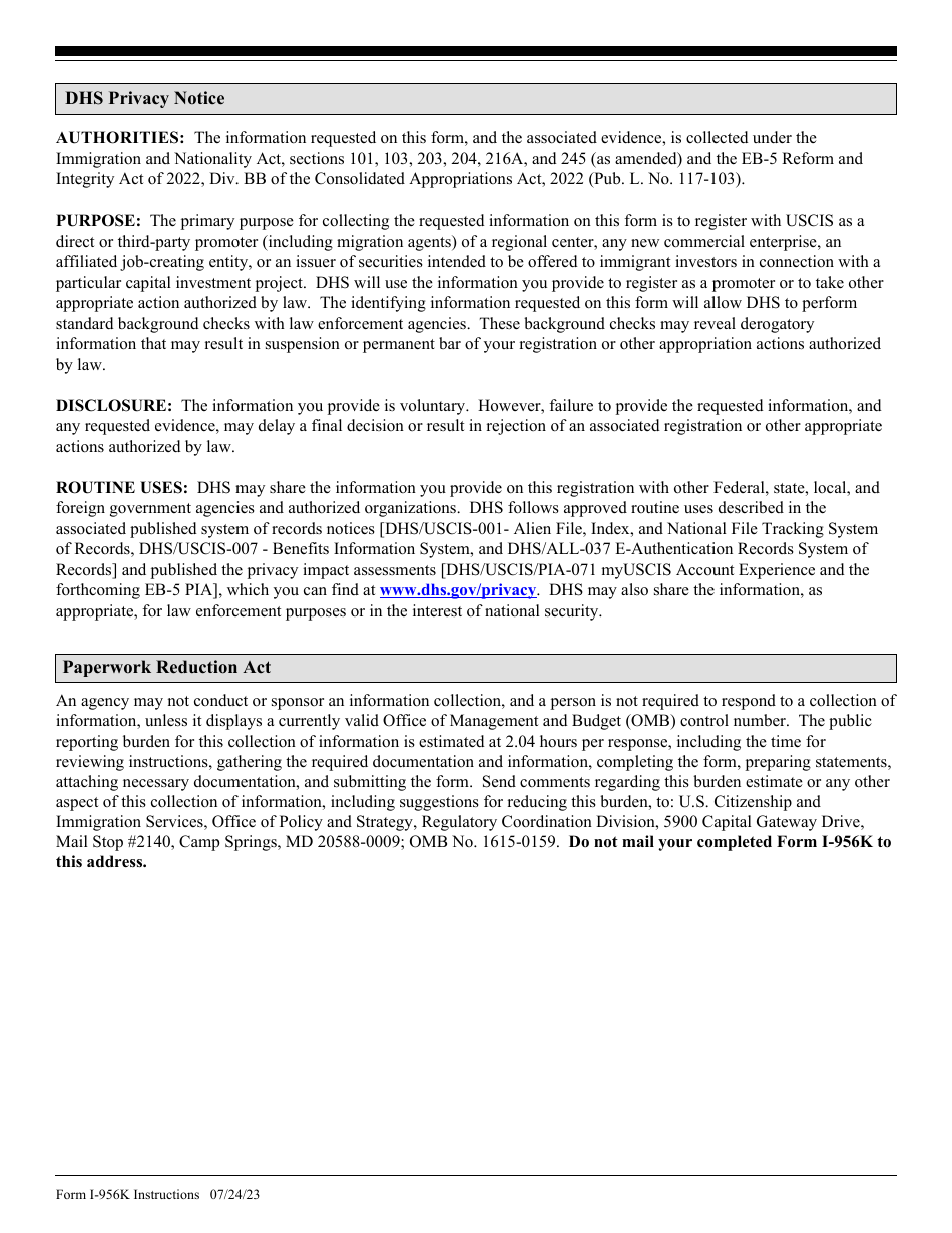 Instructions for USCIS Form I-956K Registration for Direct and Third-Party Promoters, Page 5