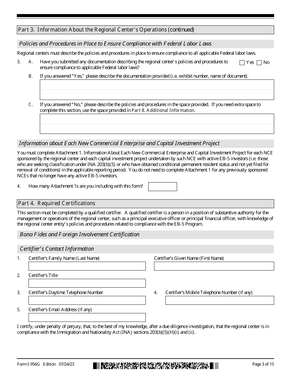 USCIS Form I-956G Regional Center Annual Statement, Page 3