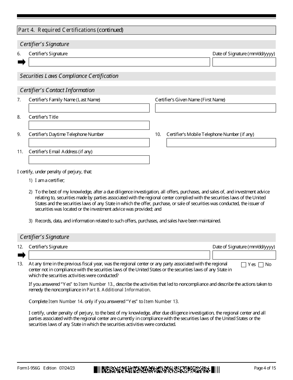 USCIS Form I-956G Regional Center Annual Statement, Page 4