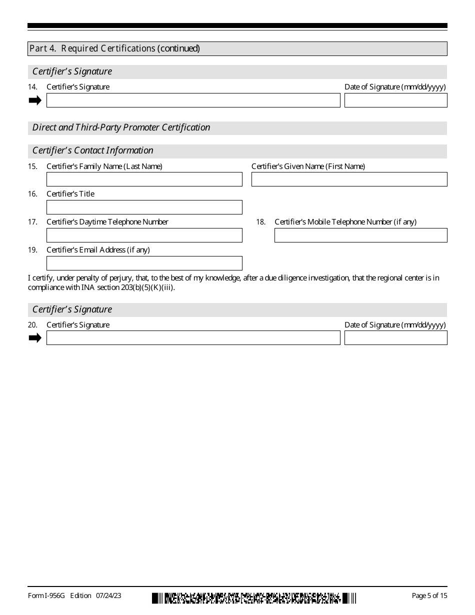 USCIS Form I-956G Regional Center Annual Statement, Page 5