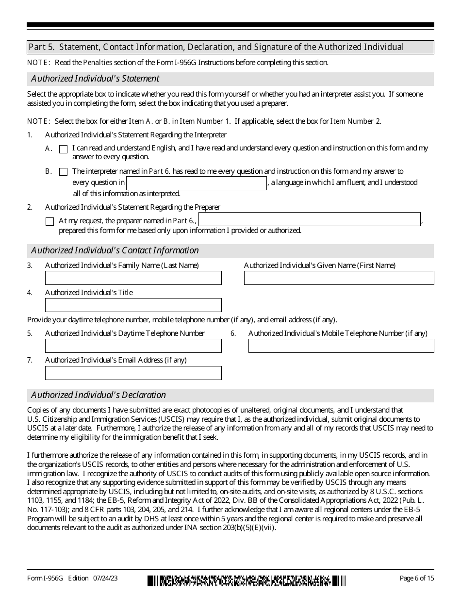 USCIS Form I-956G Regional Center Annual Statement, Page 6