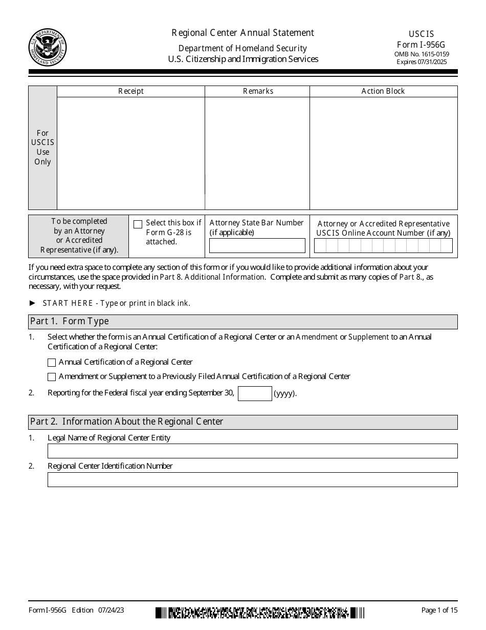 USCIS Form I-956G Download Fillable PDF or Fill Online Regional Center ...