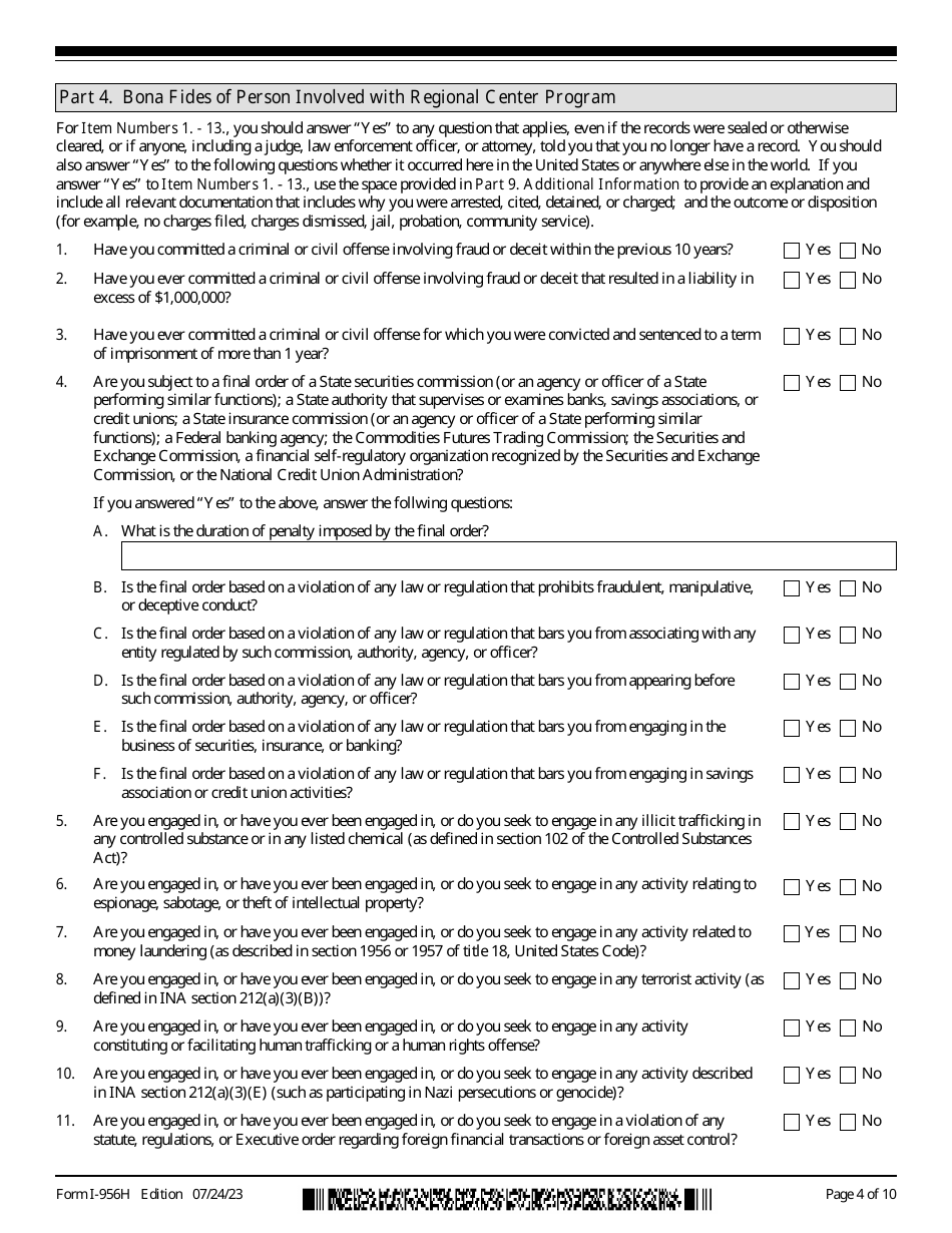 USCIS Form I-956H Bona Fides of Persons Involved With Regional Center Program, Page 4