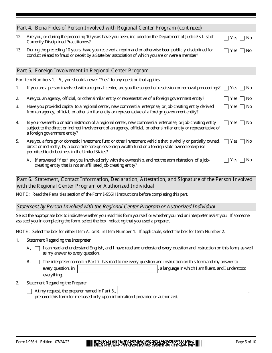 USCIS Form I-956H Bona Fides of Persons Involved With Regional Center Program, Page 5