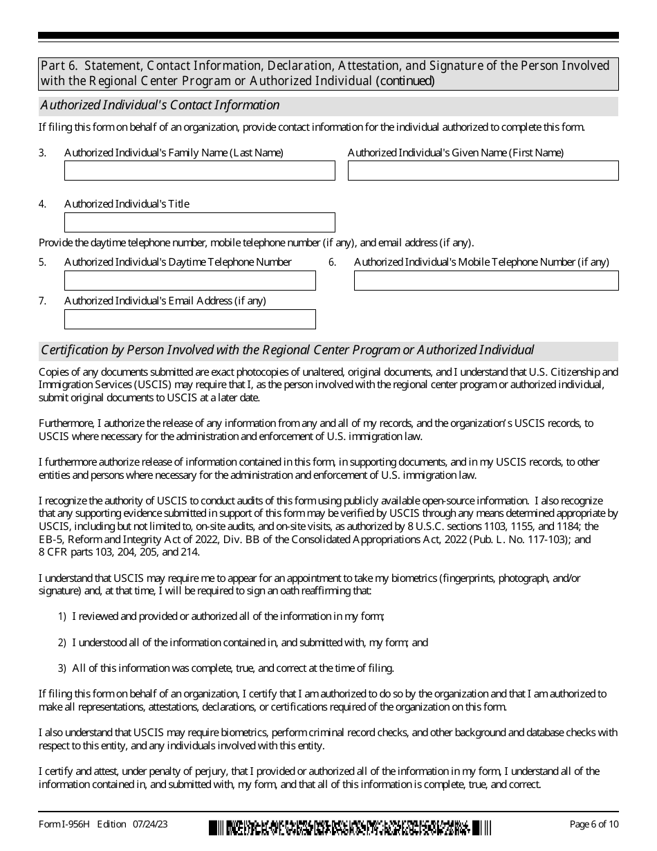 USCIS Form I-956H Bona Fides of Persons Involved With Regional Center Program, Page 6