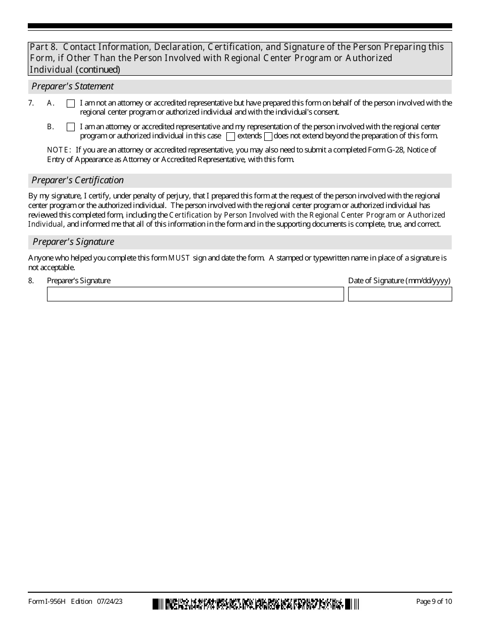 USCIS Form I-956H Bona Fides of Persons Involved With Regional Center Program, Page 9