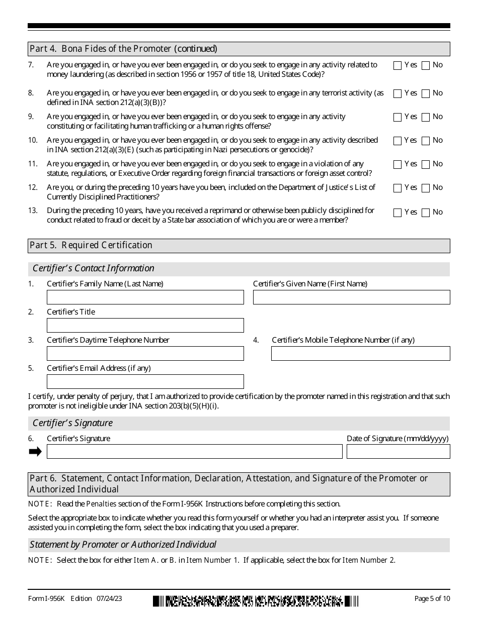 USCIS Form I-956K Registration for Direct and Third-Party Promoters, Page 5