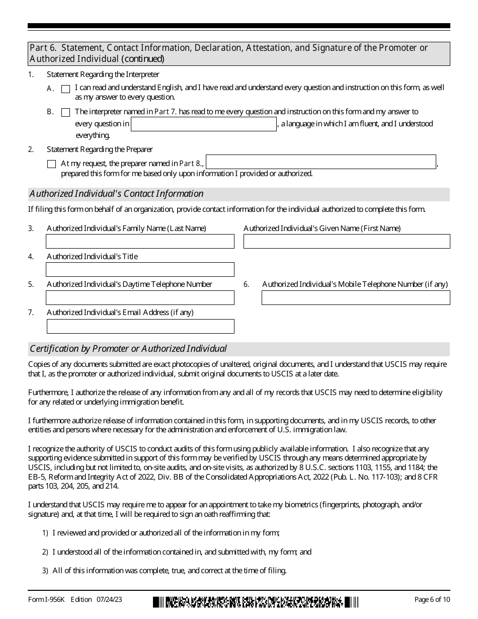 USCIS Form I-956K Registration for Direct and Third-Party Promoters, Page 6