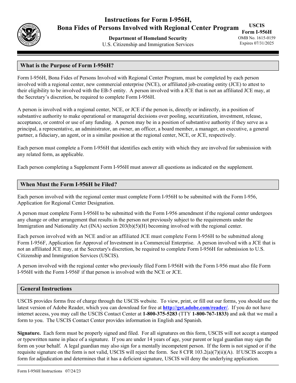 Instructions for USCIS Form I-956H Bona Fides of Persons Involved With Regional Center Program, Page 1