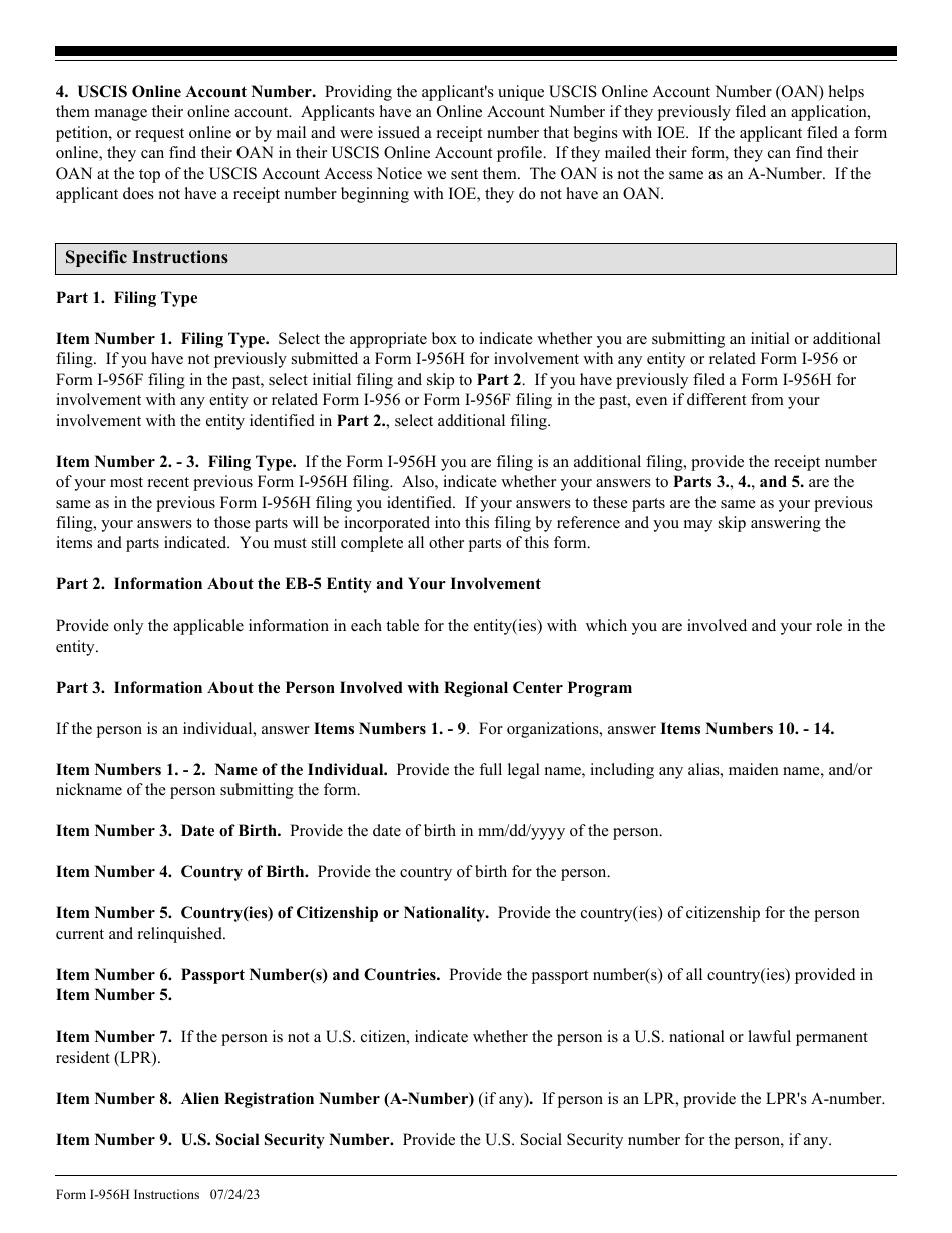 Instructions for USCIS Form I-956H Bona Fides of Persons Involved With Regional Center Program, Page 3