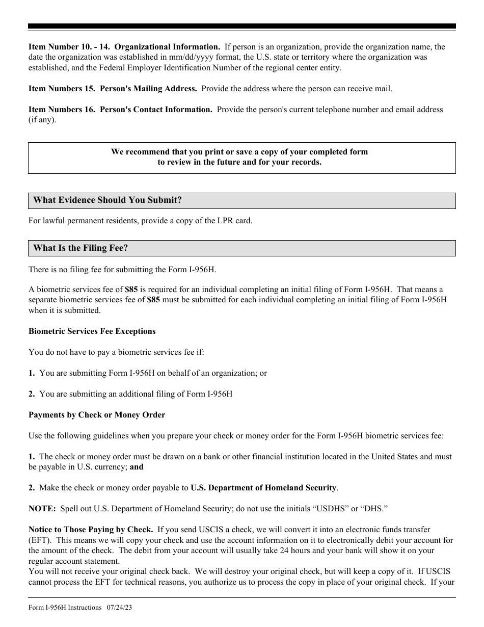 Instructions for USCIS Form I-956H Bona Fides of Persons Involved With Regional Center Program, Page 4