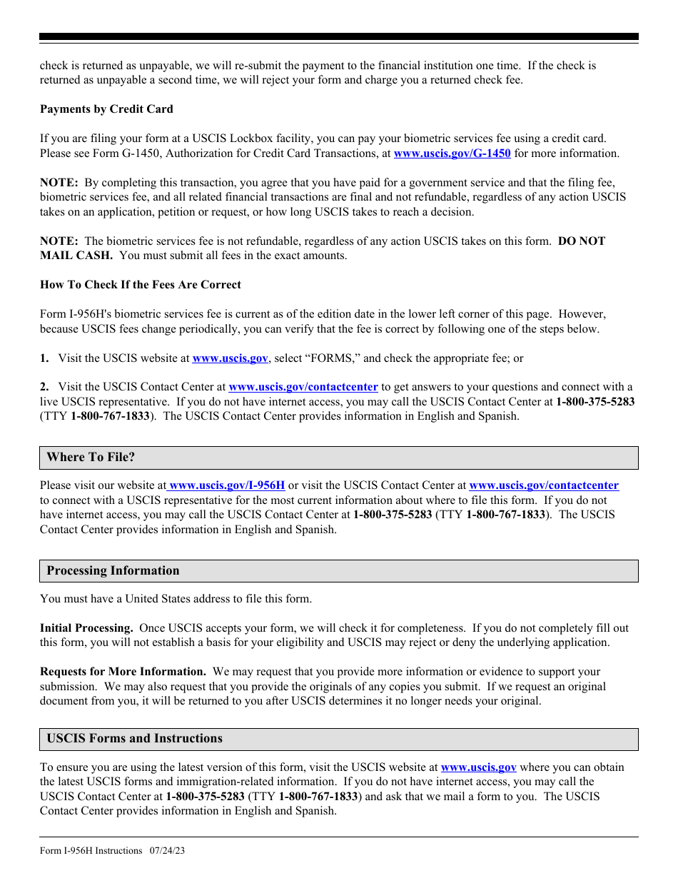 Instructions for USCIS Form I-956H Bona Fides of Persons Involved With Regional Center Program, Page 5