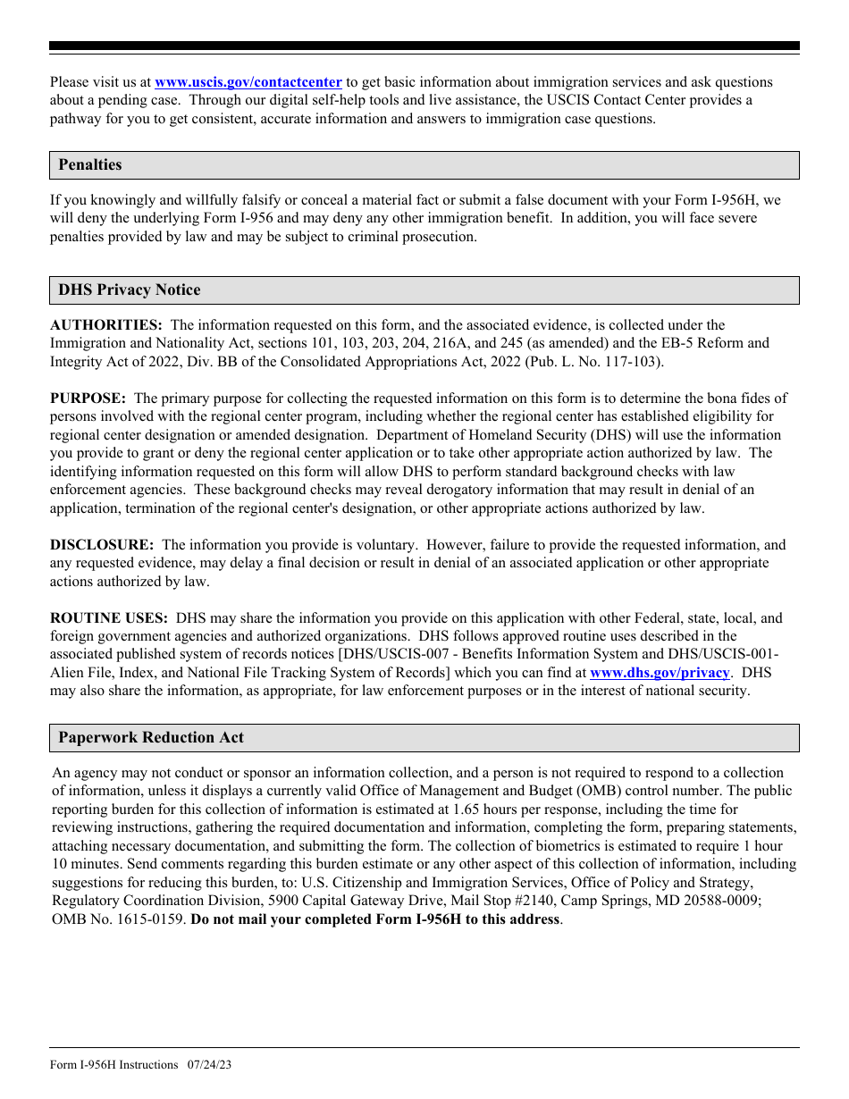 Instructions for USCIS Form I-956H Bona Fides of Persons Involved With Regional Center Program, Page 6