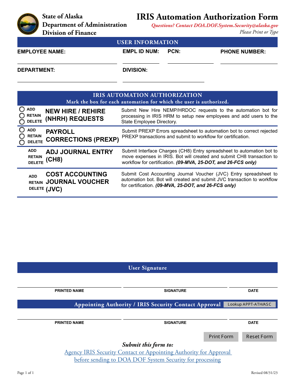 Iris Automation Authorization Form - Alaska, Page 1