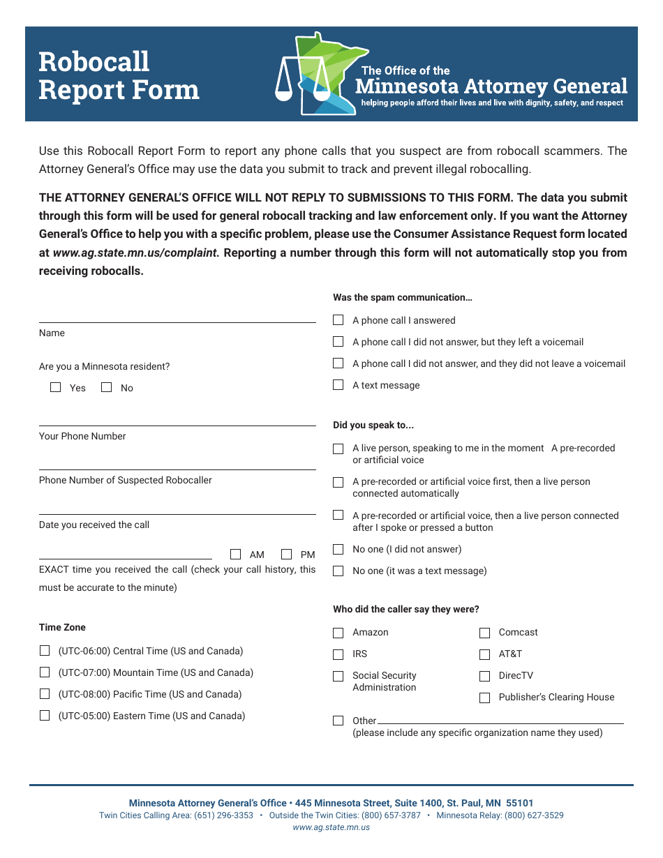 Robocall Report Form - Minnesota, Page 1