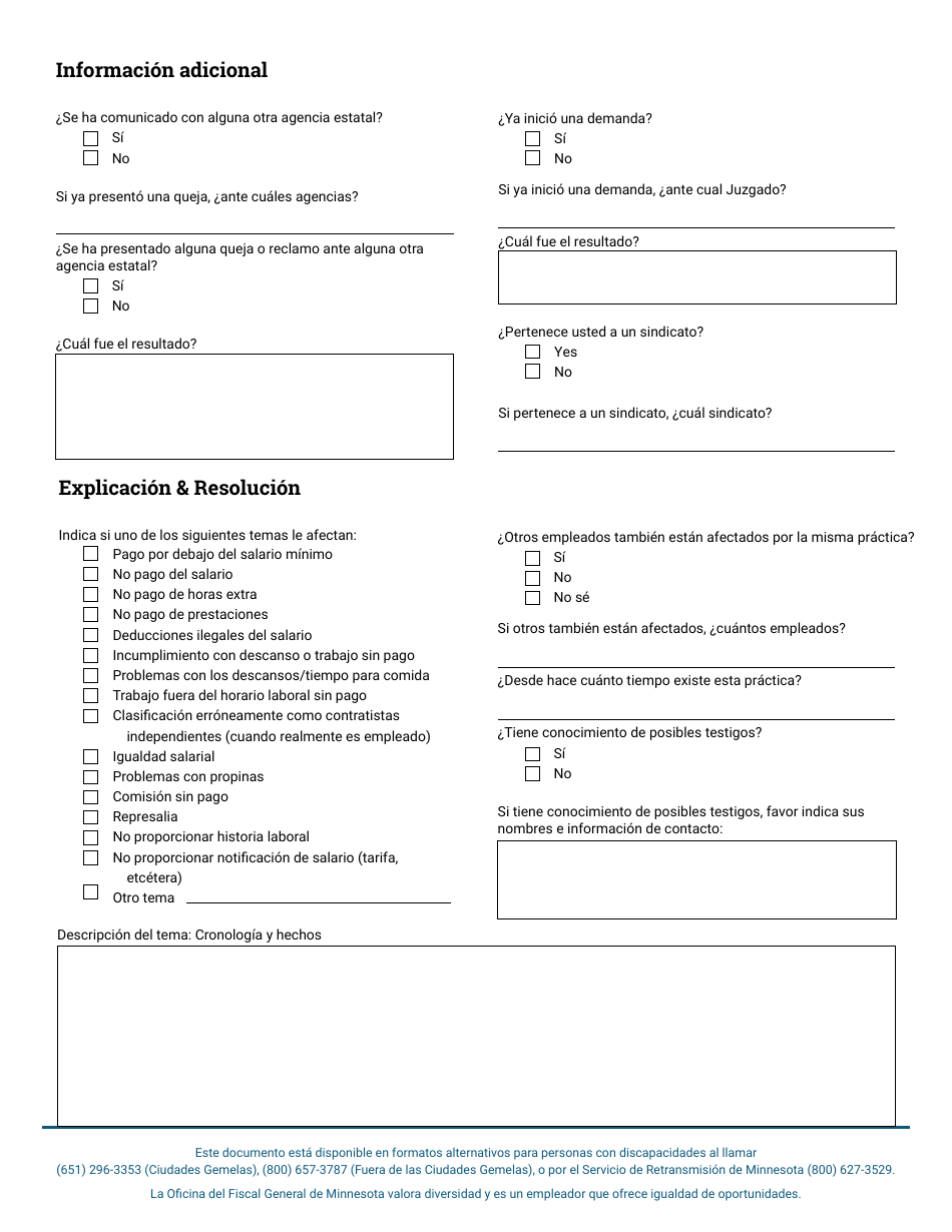 Fomulario De Queja Para Robo De Salario - Minnesota (Spanish), Page 2