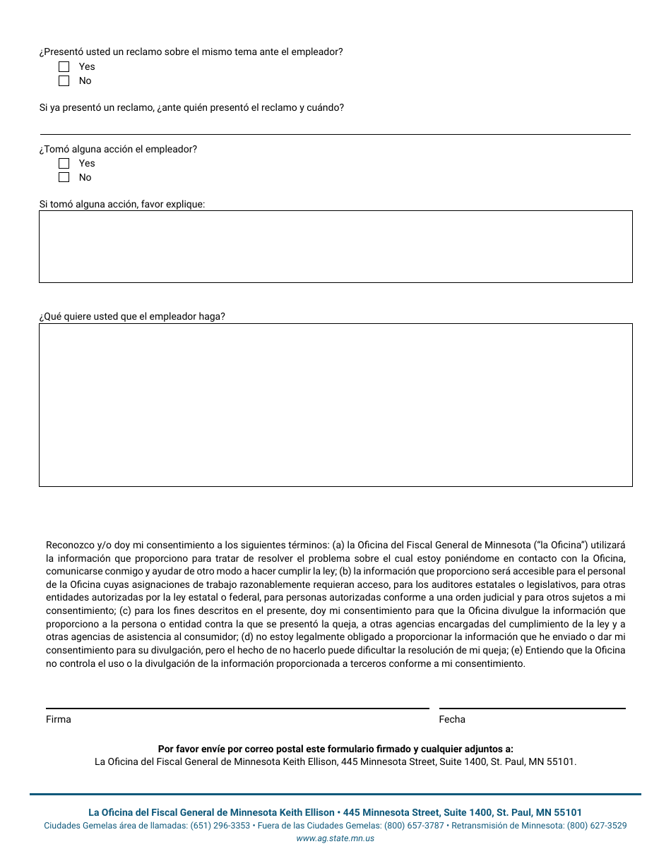 Fomulario De Queja Para Robo De Salario - Minnesota (Spanish), Page 3