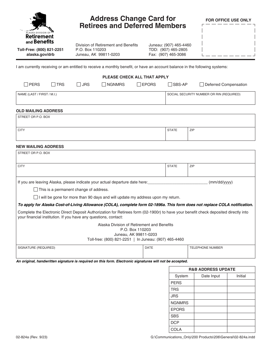 Form 02-824A Address Change Card for Retirees and Deferred Members - Alaska, Page 1