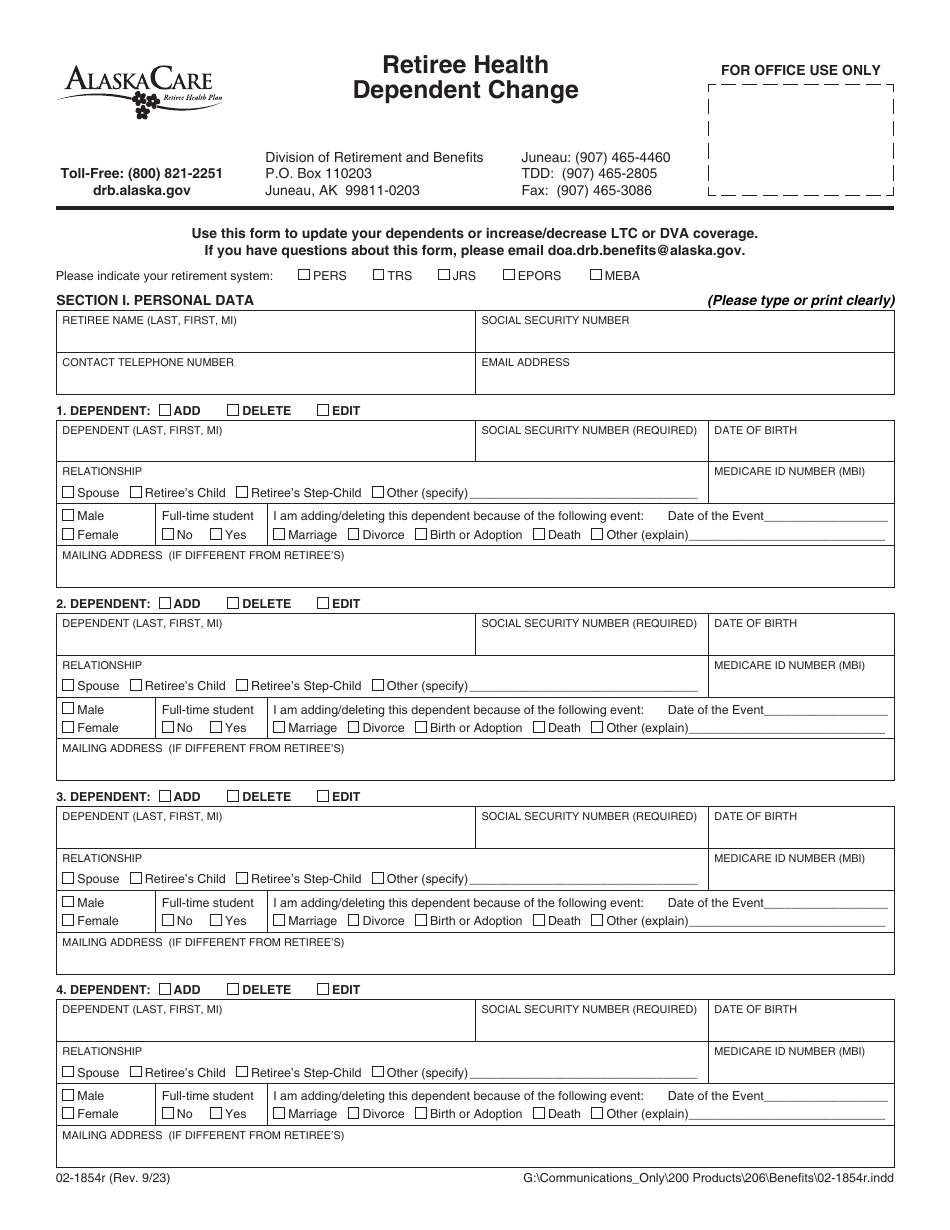 Form 02-1854R Retiree Health Dependent Change - Alaska, Page 1