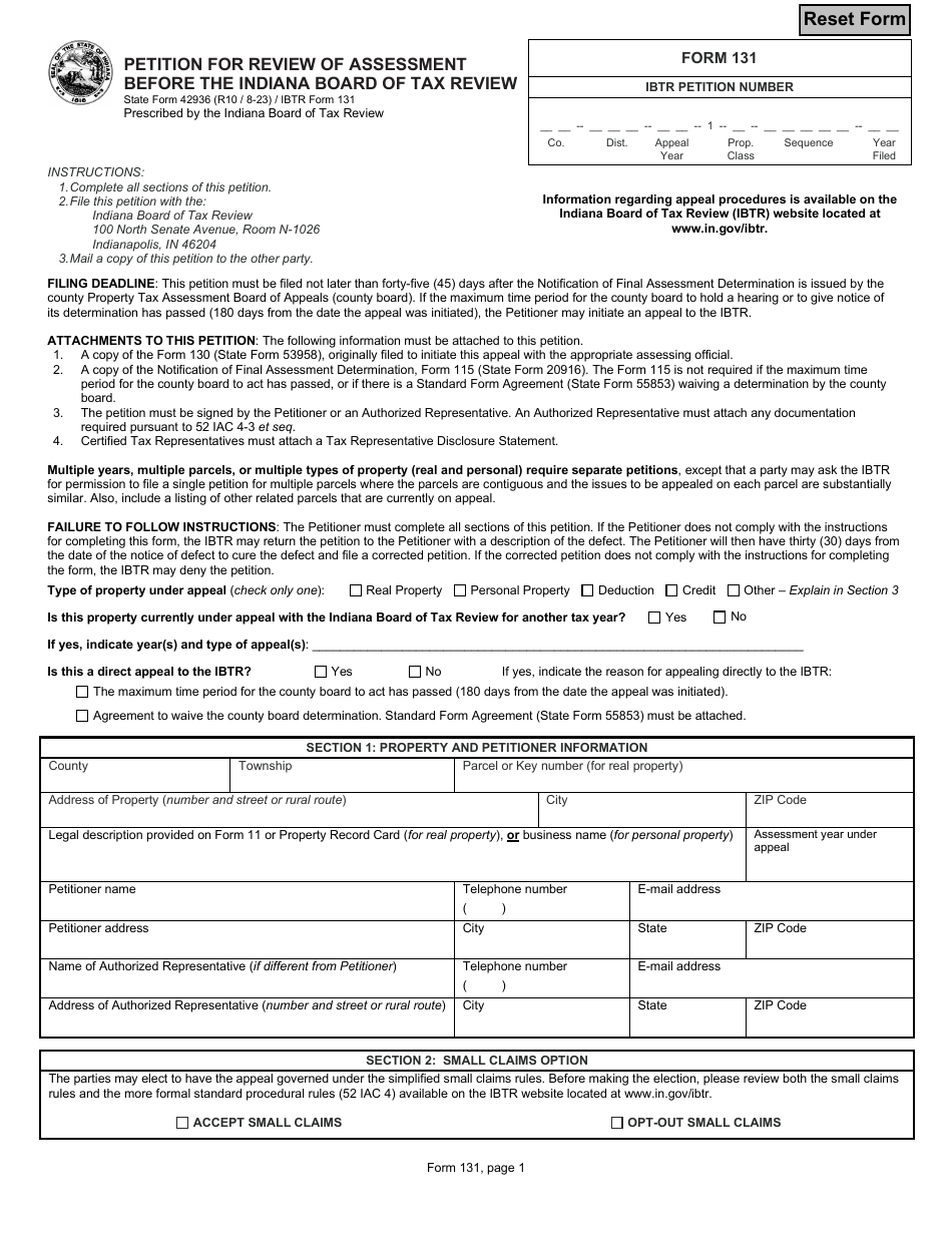 State Form 42936 (IBTR Form 131) Petition for Review of Assessment Before the Indiana Board of Tax Review - Indiana, Page 1