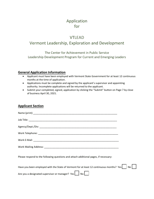 Application for Vtlead - Vermont Leadership, Exploration and Development - Vermont Download Pdf