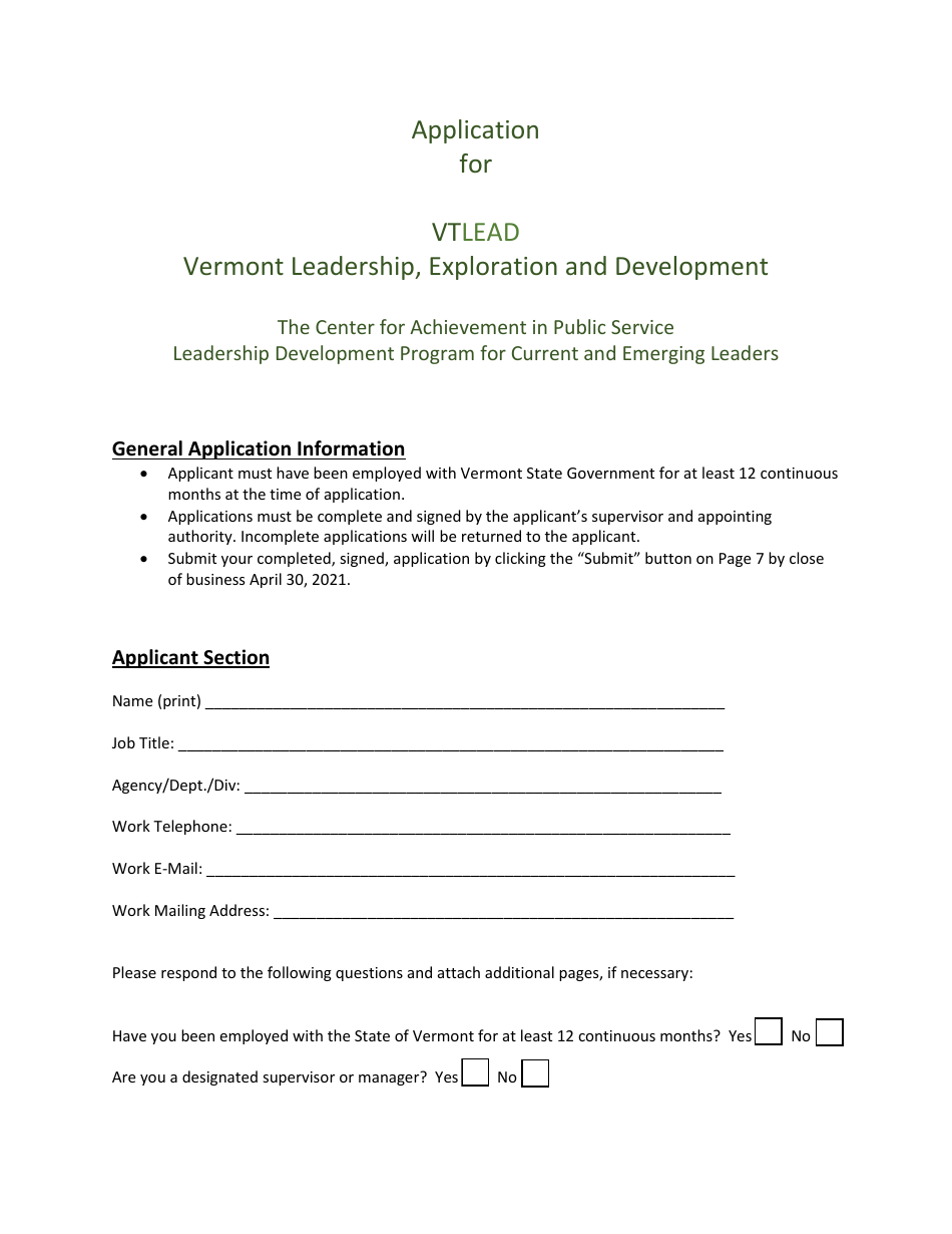 Application for Vtlead - Vermont Leadership, Exploration and Development - Vermont, Page 1