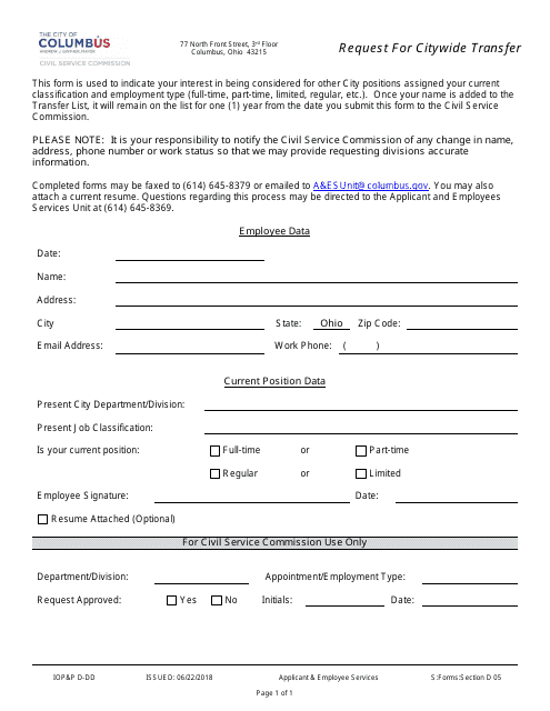 Request for Citywide Transfer - City of Columbus, Ohio Download Pdf