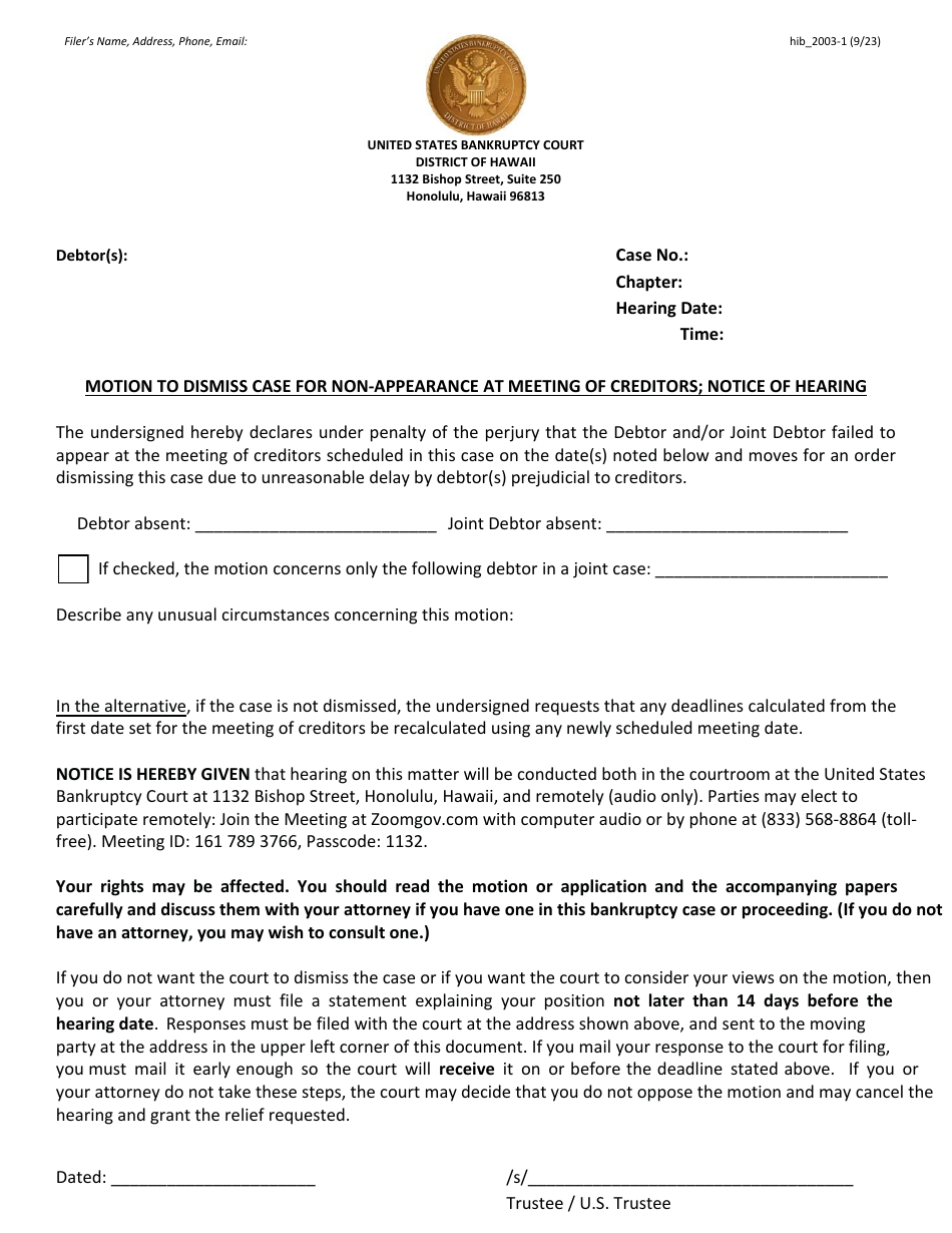 Form H20031 Download Fillable PDF or Fill Online Motion to Dismiss Case for Nonappearance at