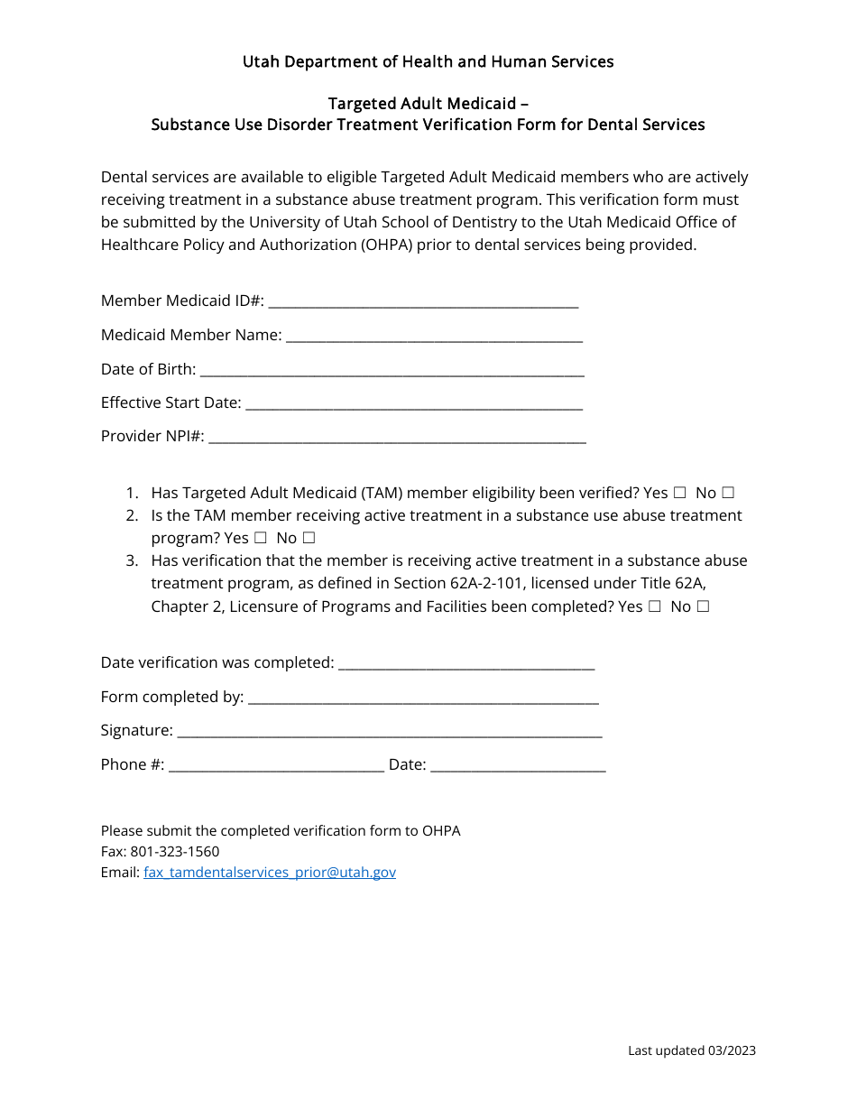 Targeted Adult Medicaid - Substance Use Disorder Treatment Verification Form for Dental Services - Utah, Page 1