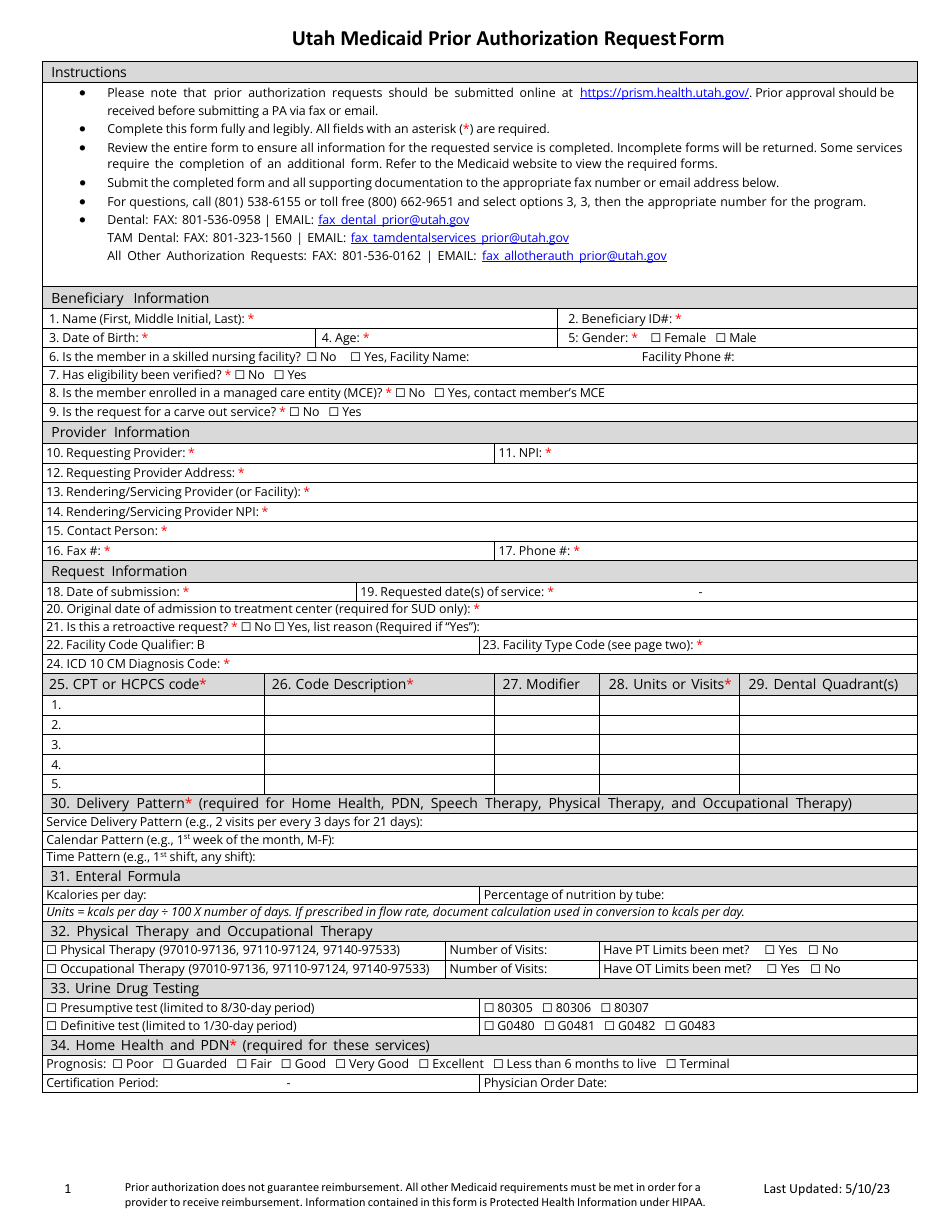 Utah Medicaid Prior Authorization Request Form - Utah, Page 1