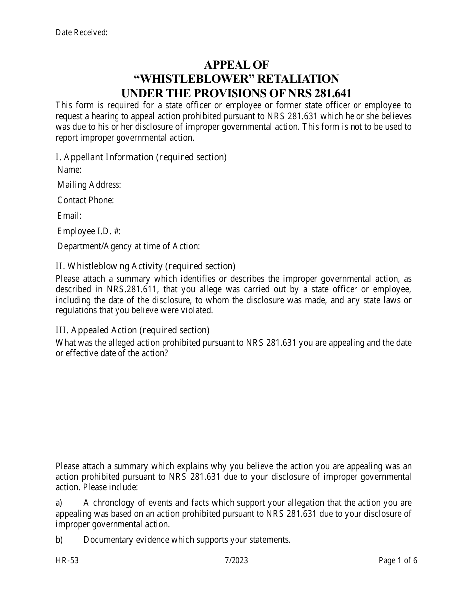Form HR53 Fill Out, Sign Online and Download Printable PDF, Nevada