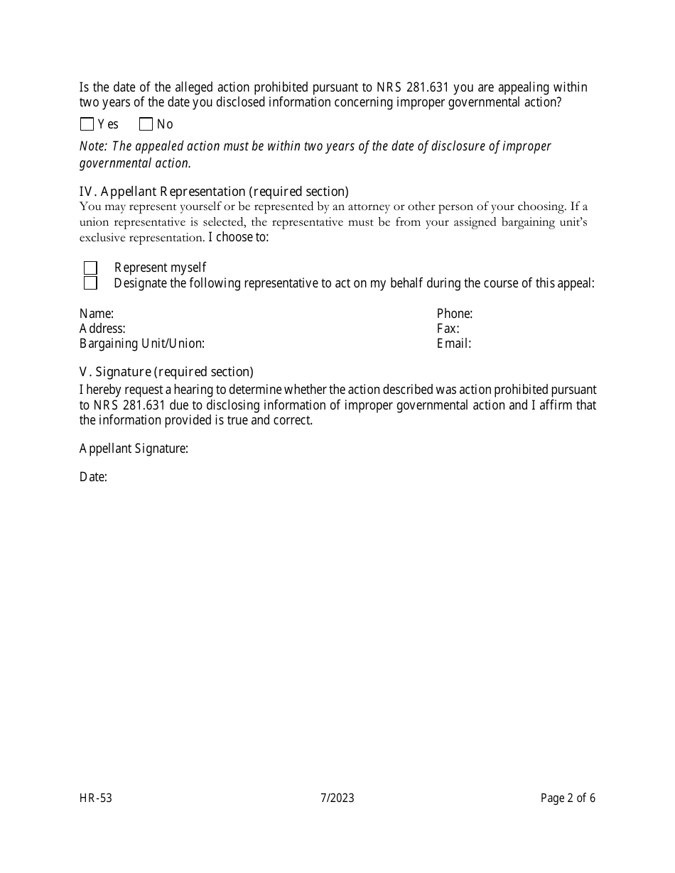 Form HR-53 Appeal of whistleblower Retaliation Under the Provisions of Nrs 281.641 - Nevada, Page 2