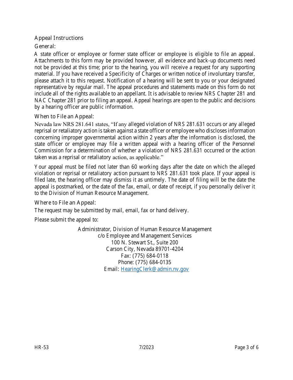 Form HR-53 Appeal of whistleblower Retaliation Under the Provisions of Nrs 281.641 - Nevada, Page 3