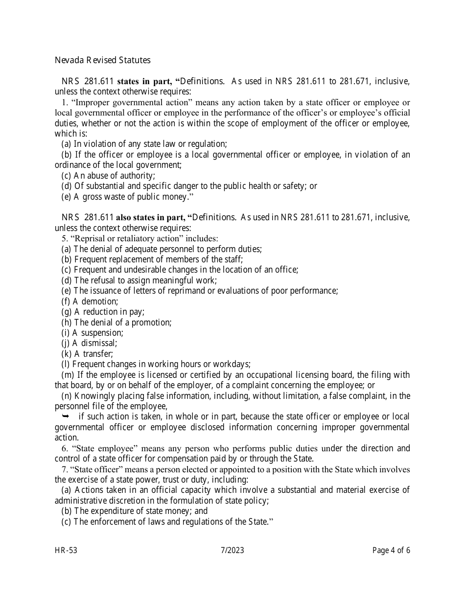 Form HR-53 Appeal of whistleblower Retaliation Under the Provisions of Nrs 281.641 - Nevada, Page 4