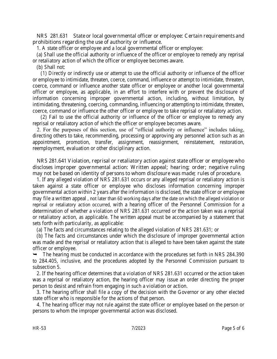 Form HR-53 Appeal of whistleblower Retaliation Under the Provisions of Nrs 281.641 - Nevada, Page 5