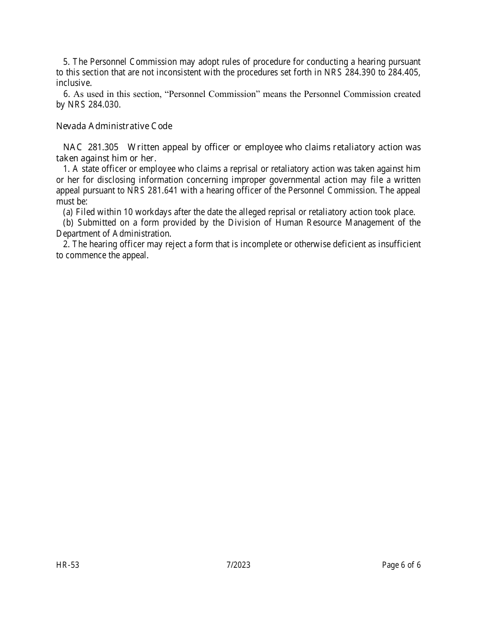 Form HR-53 Appeal of whistleblower Retaliation Under the Provisions of Nrs 281.641 - Nevada, Page 6