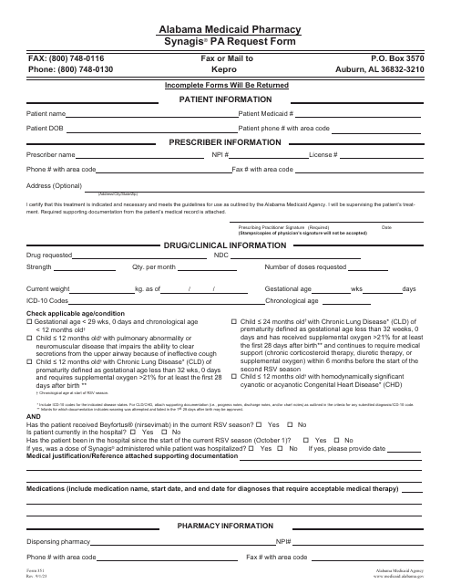 Form 351 Synagis Pa Request Form - Alabama