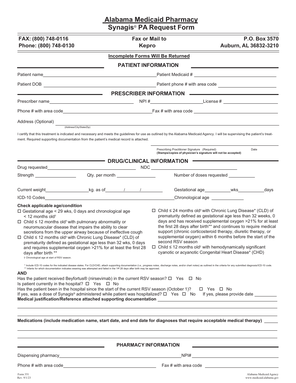 Form 351 Synagis Pa Request Form - Alabama, Page 1