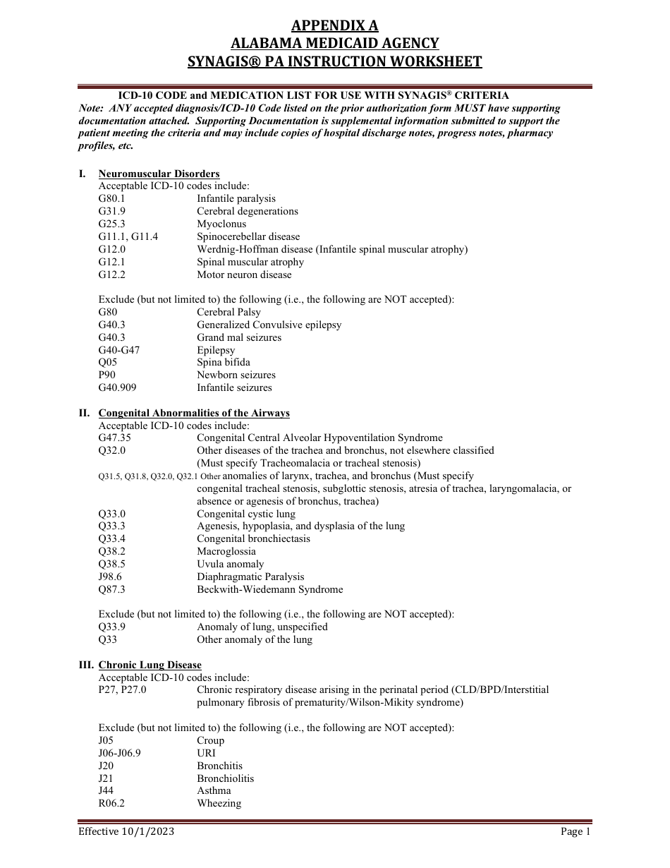 Appendix A Synagis Pa Instruction Worksheet - Alabama, Page 1