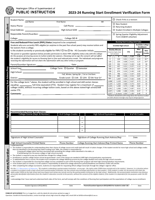 Form SPI1674 Running Start Enrollment Verification Form - Washington, 2024
