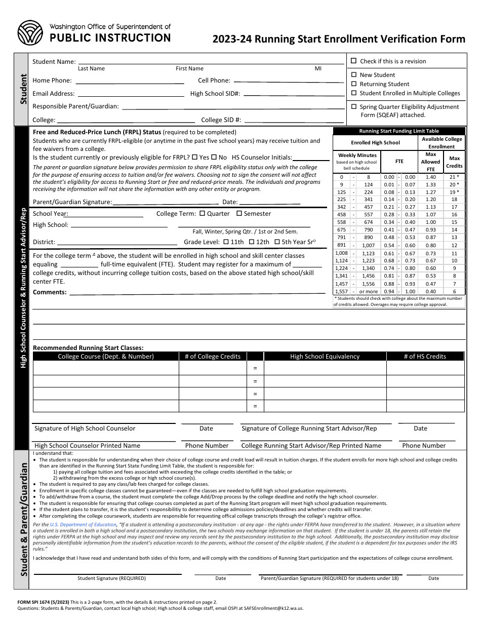 Form SPI1674 Running Start Enrollment Verification Form - Washington, Page 1