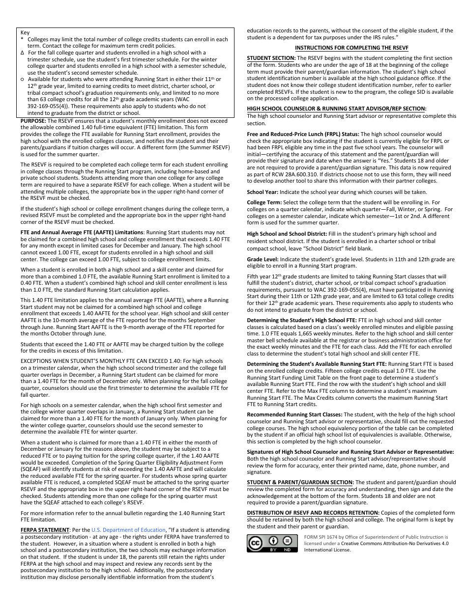 Form SPI1674 Running Start Enrollment Verification Form - Washington, Page 2