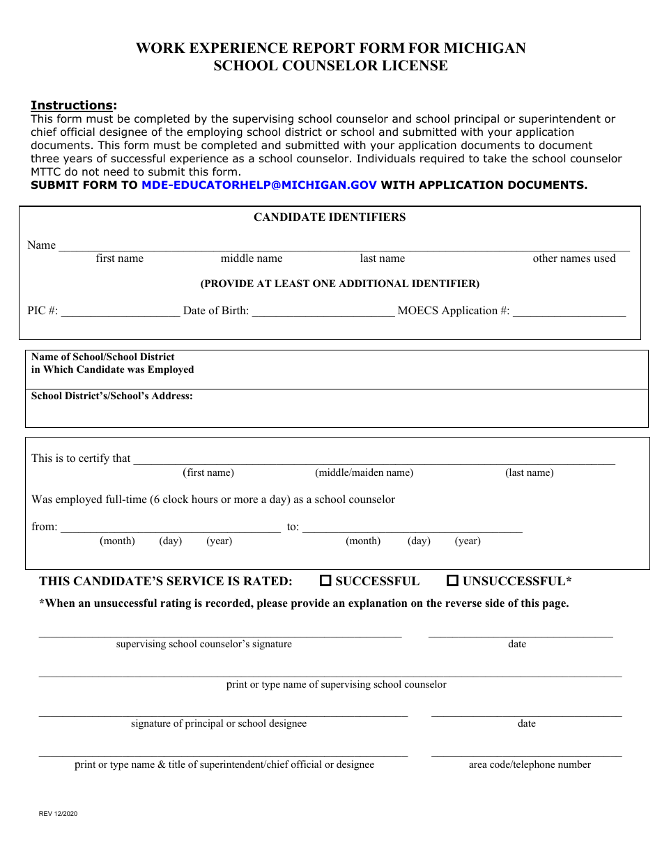 Work Experience Report Form for Michigan School Counselor License - Michigan, Page 1
