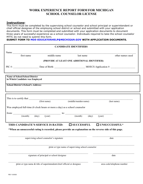 Work Experience Report Form for Michigan School Counselor License - Michigan Download Pdf