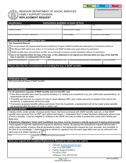 Form IM-110 Replacement Request - Missouri
