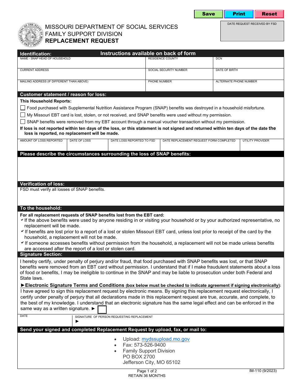Form IM-110 Replacement Request - Missouri, Page 1