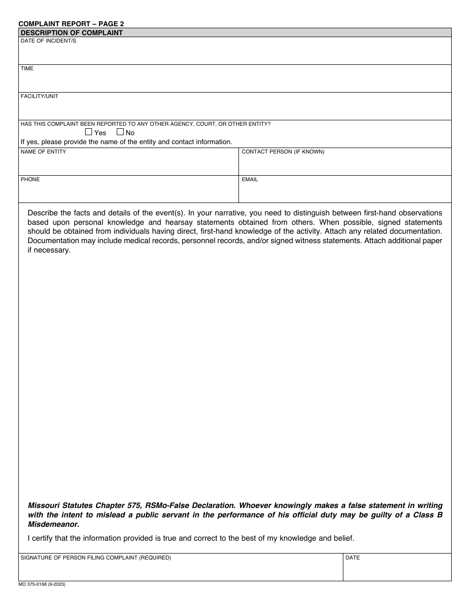 Form MO375-0168 Complaint Report - Missouri, Page 2